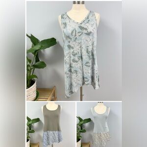 LOGO Lori Goldstein Tank Top L Lot of 3  Olive & Sage Ditsy Floral, Aqua Leaves